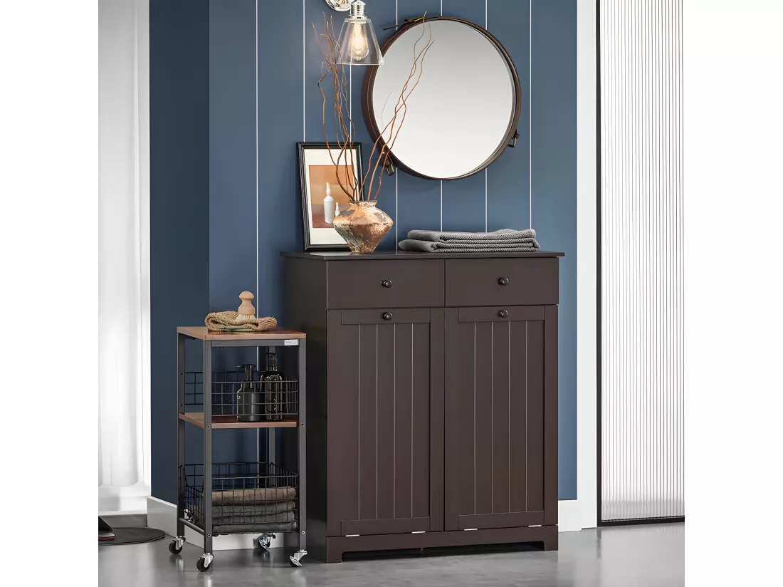 SoBuy Meuble Bas de Salle de Bain Armoire Toilette avec 2 Tiroirs et 2 Paniers à Linge Meuble de Rangement Coffre à Linge L78xP38xH91cm, Marron, BZR33-BR