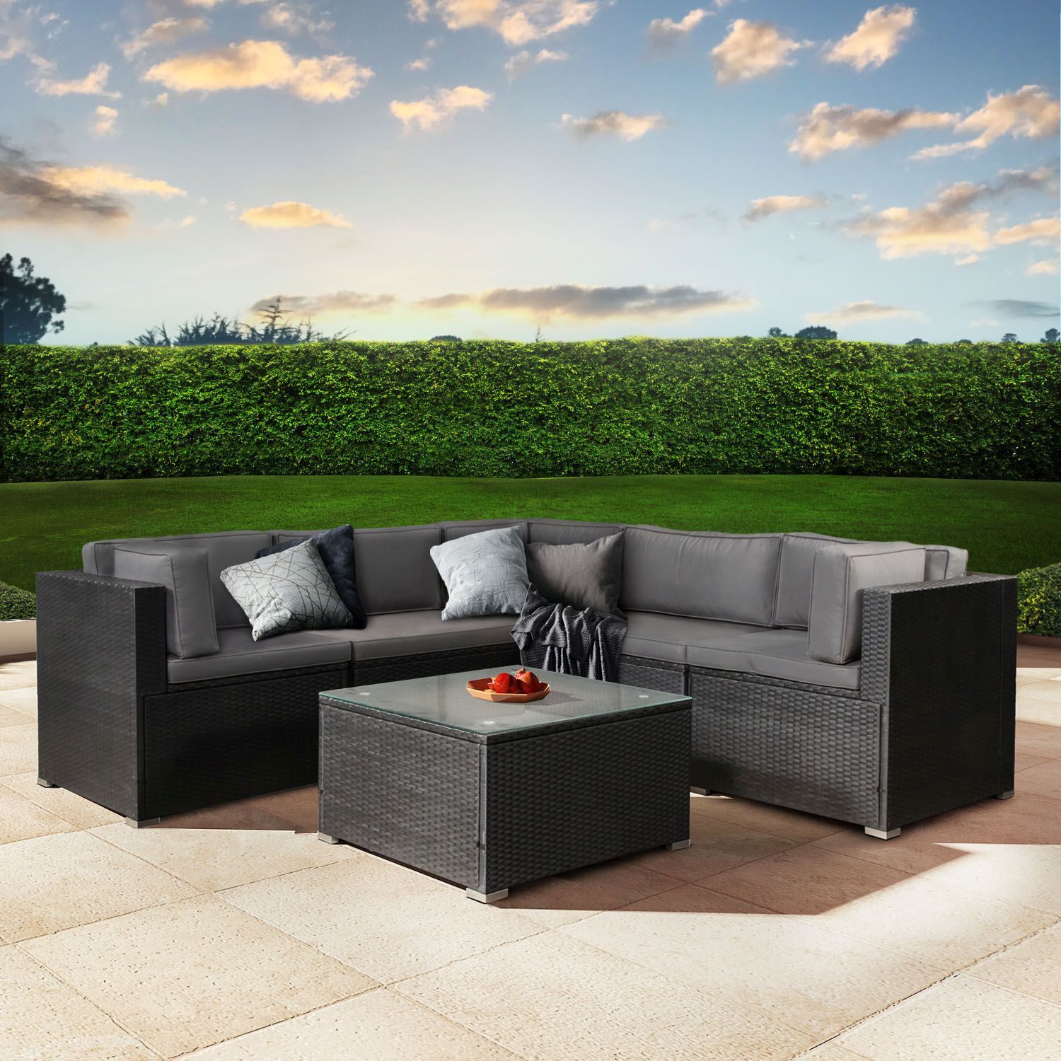 Juskys Polyrattan Lounge Nassau schwarz für 5 Personen mit Ecksofa & Tisch – Bezüge Dunkelgrau