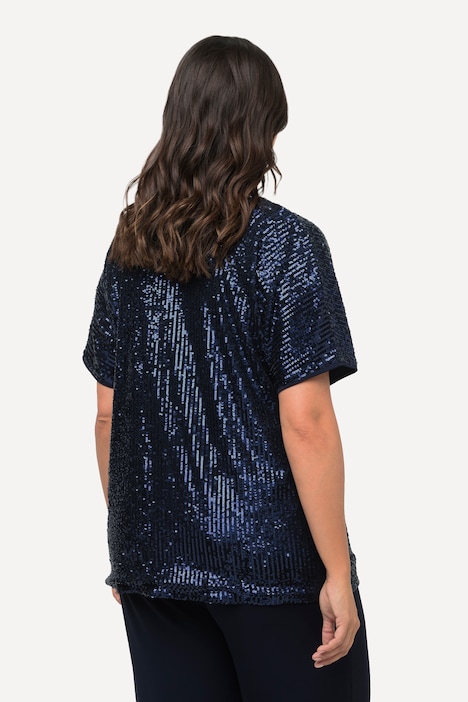 Pailletten-Shirt, Oversized, V-Ausschnitt, Halbarm