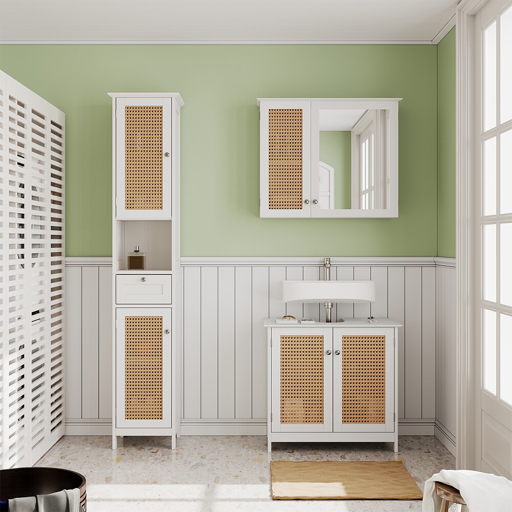 Vicco Badmöbel-Set Rosario, Weiß, moderne Serie, Badezimmer, dekorative Front, Spiegelschrank, Waschtischunterschrank, Hochschrank