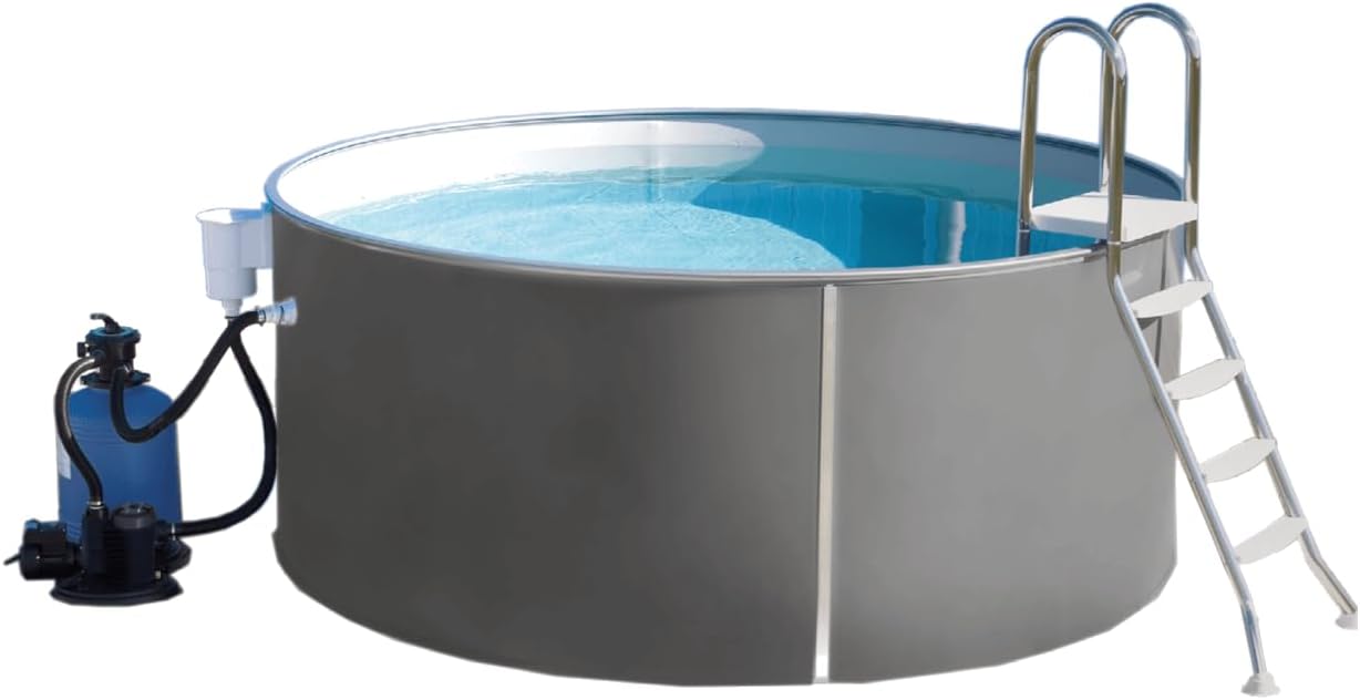 BWT Stahlwand-Pool Set 3,5 m | Aufstellbecken aus 0,6 mm Stahl | Komplettset mit Filteranlage, Skimmer, Schläuche, Sand & Edelstahlleiter | besonders Sicher & Stabil | 110 cm Wasserstand