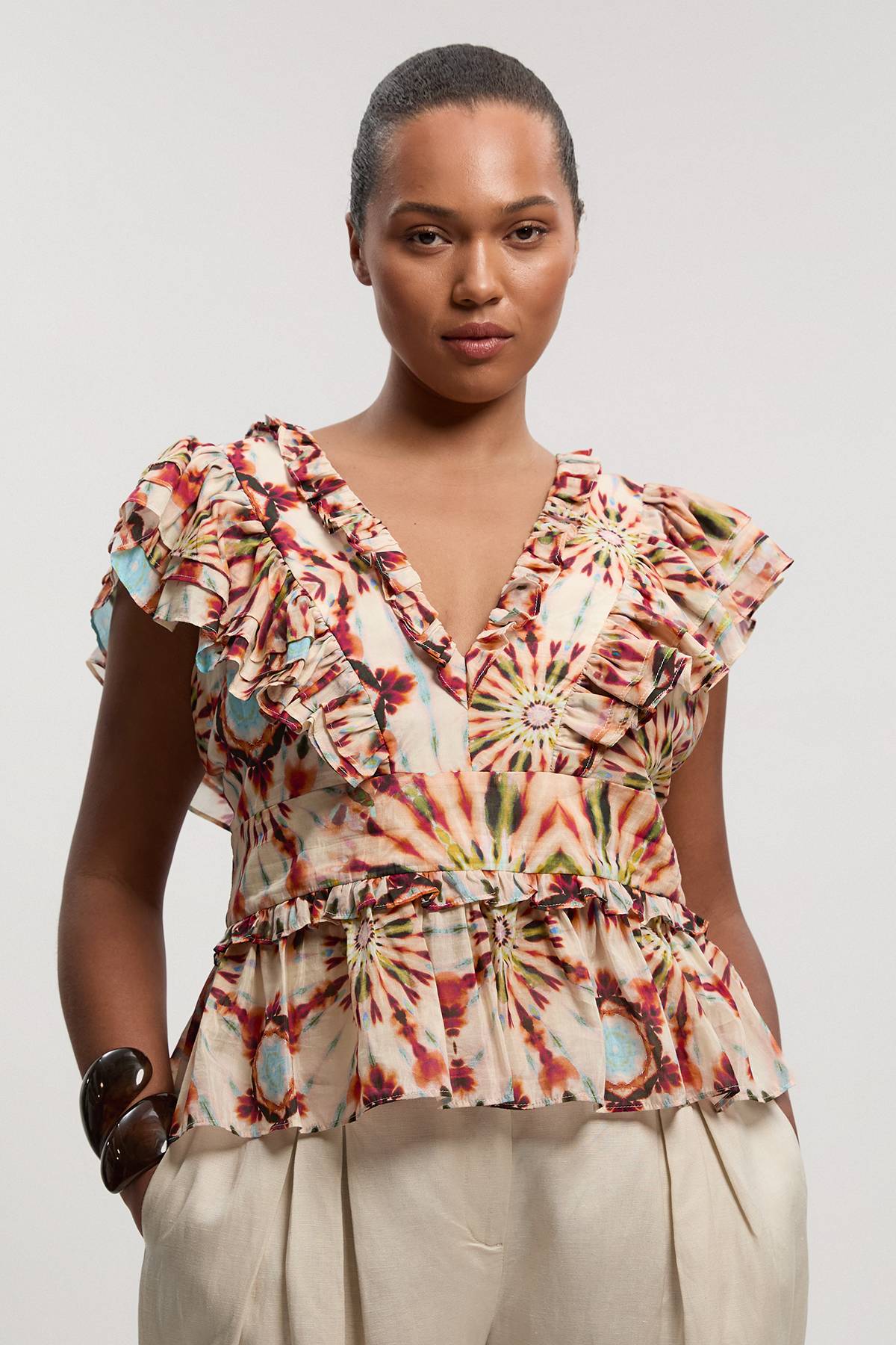 KarenMillen Haut Tissé Grande Taille À Imprimé Carreaux En Soie-coton Avec Détails À Volants