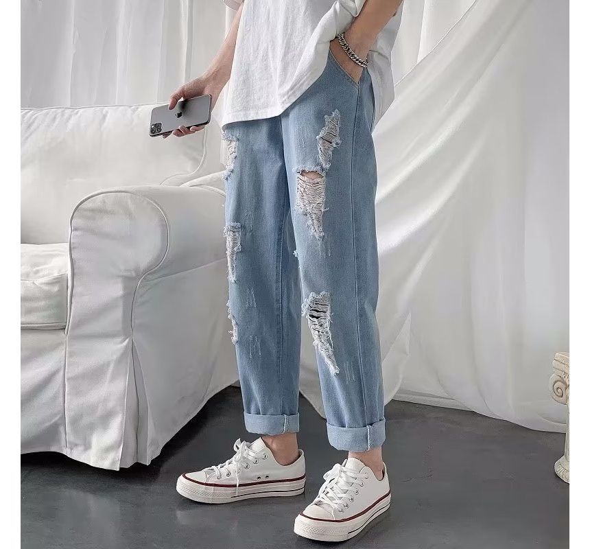 Ateso - Gewassen, versleten jeans met trekkoord in de taille, rechte pijpen