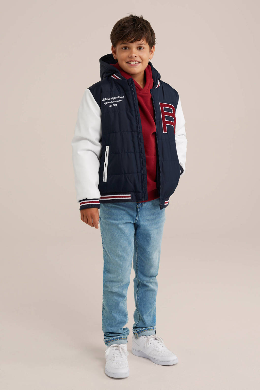 WE Fashion baseball jacket donkerblauw/wit/donkerrood
