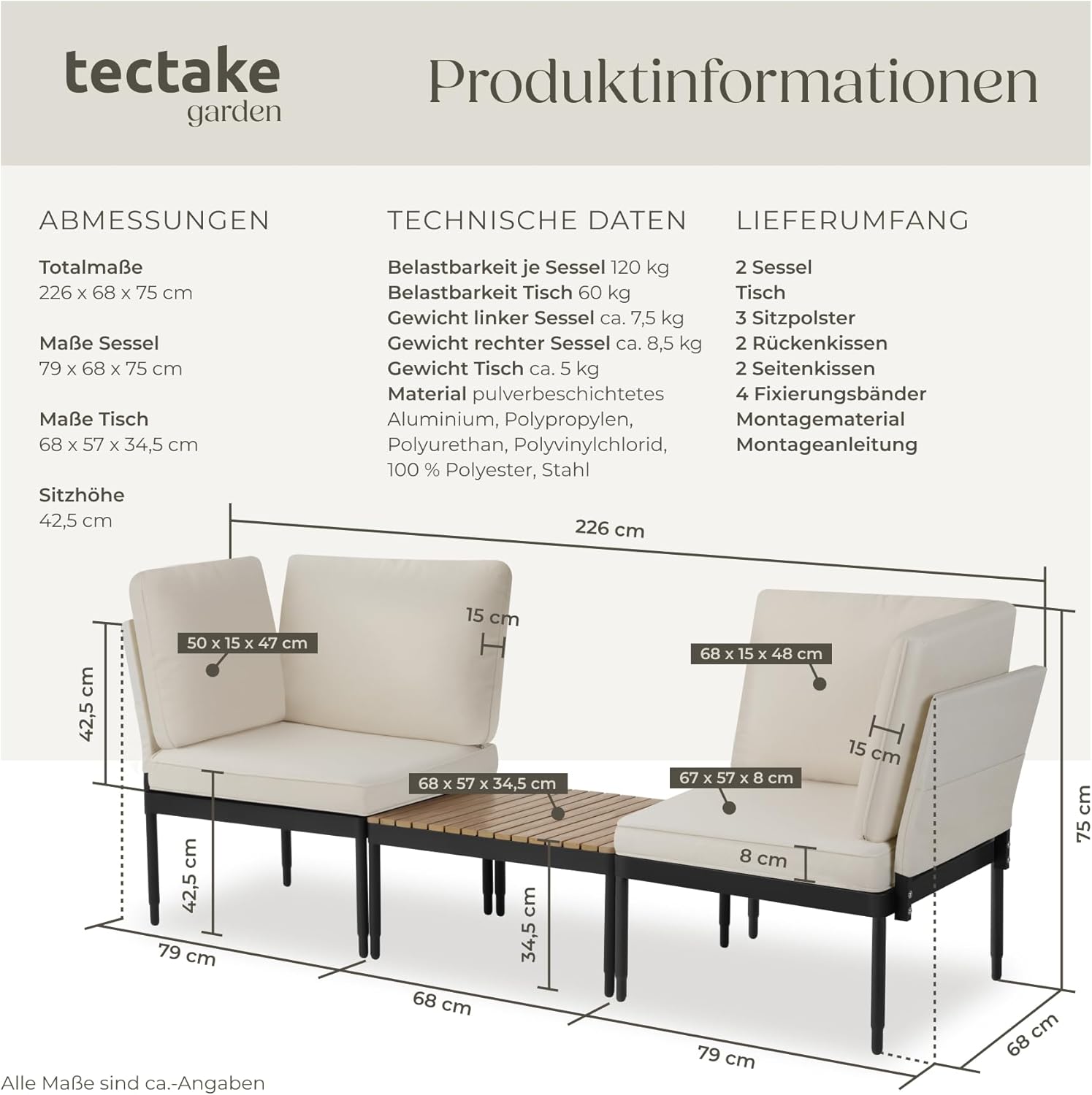 tectake® 5-in-1 Gartenlounge Set, Gartenmöbel mit Outdoor Kissen wetterfest, Lounge Sessel, Liege oder Gartenbank, Balkontisch, Balkonmöbel Kleiner Balkon, Lounge Möbel Outdoor, Terrasse, Holz Optik