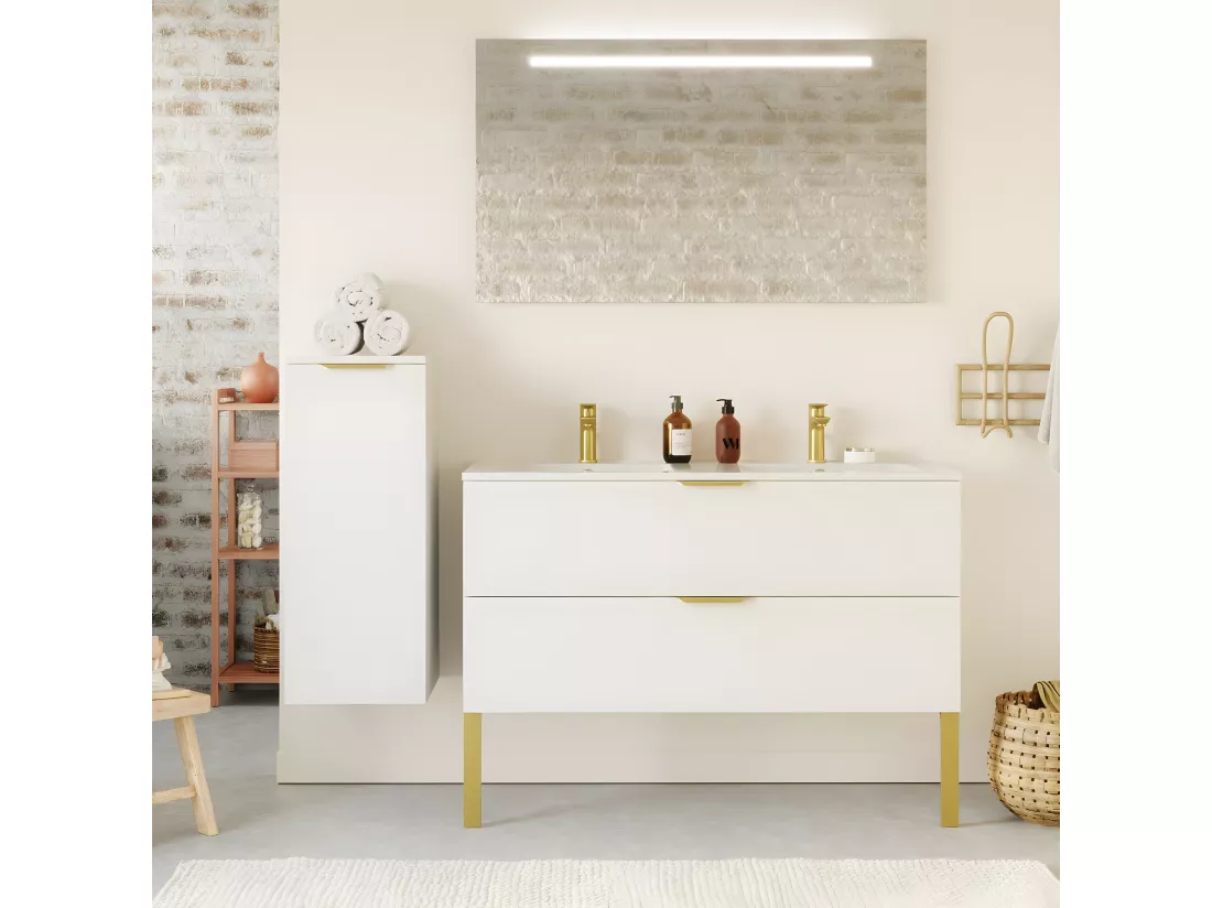 Meuble de salle de bain suspendu double vasque intégrée 120cm 2 tiroirs Blanc - Venice