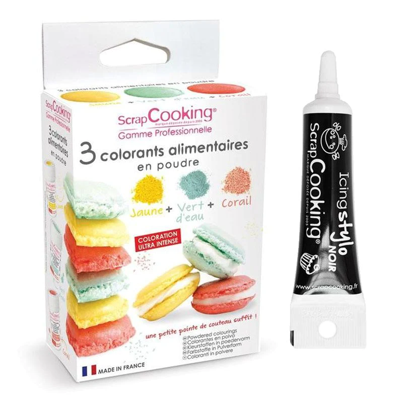 3 colorants alimentaires vert d'eau, corail, jaune + Stylo glaçage noi