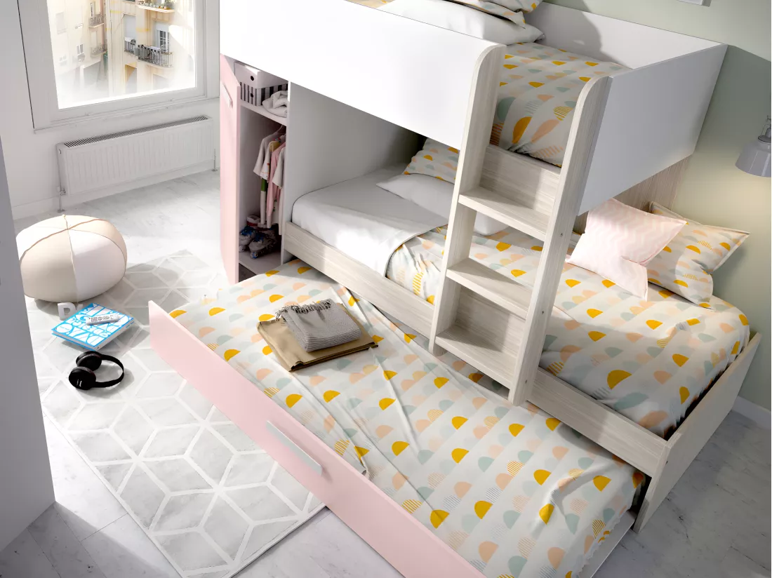 Lits superposés avec tiroir lit gigogne et rangements 3 x 90 x 190 cm - Blanc, naturel et rose + matelas - ANTHONY