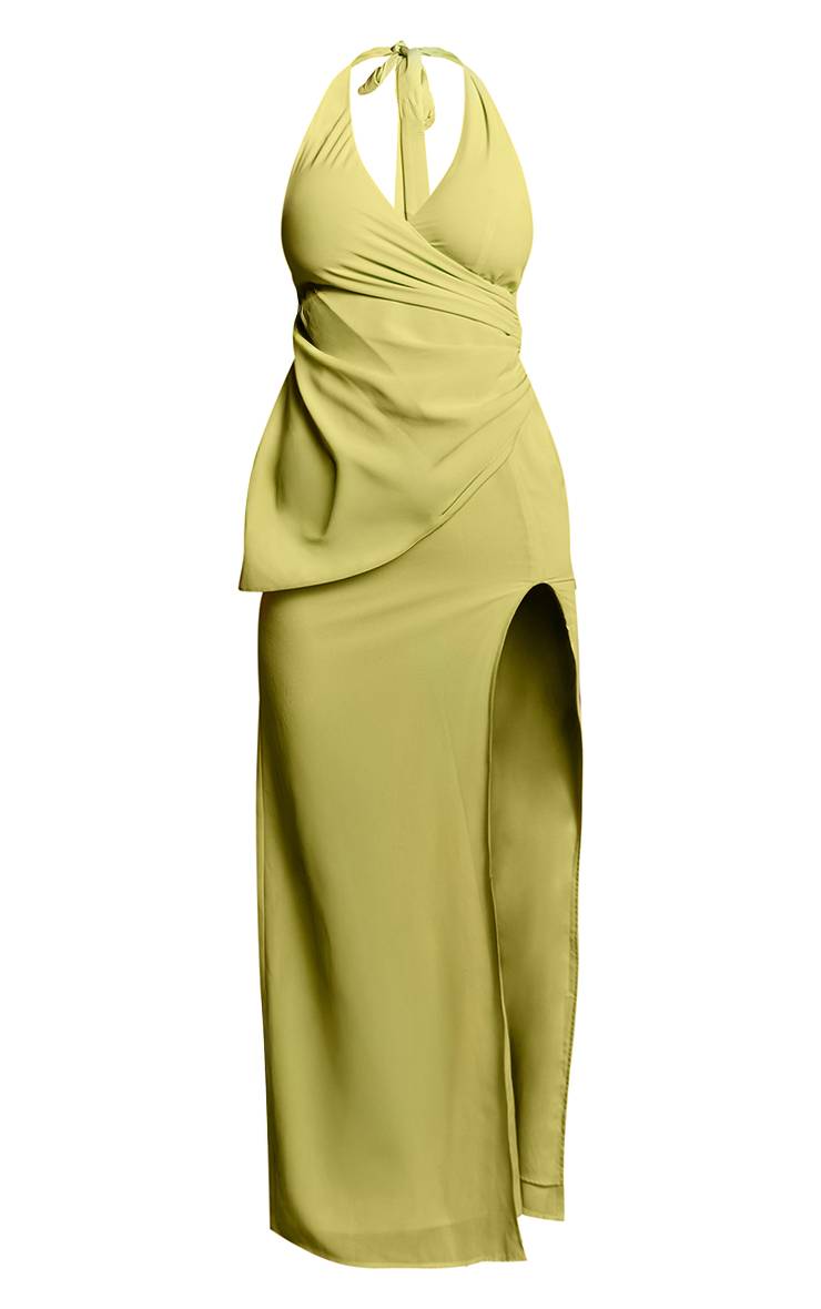 Citron Vert Robe Longue En Mousseline À Encolure Licou Avec Détail Drapé Et Fente Latérale
