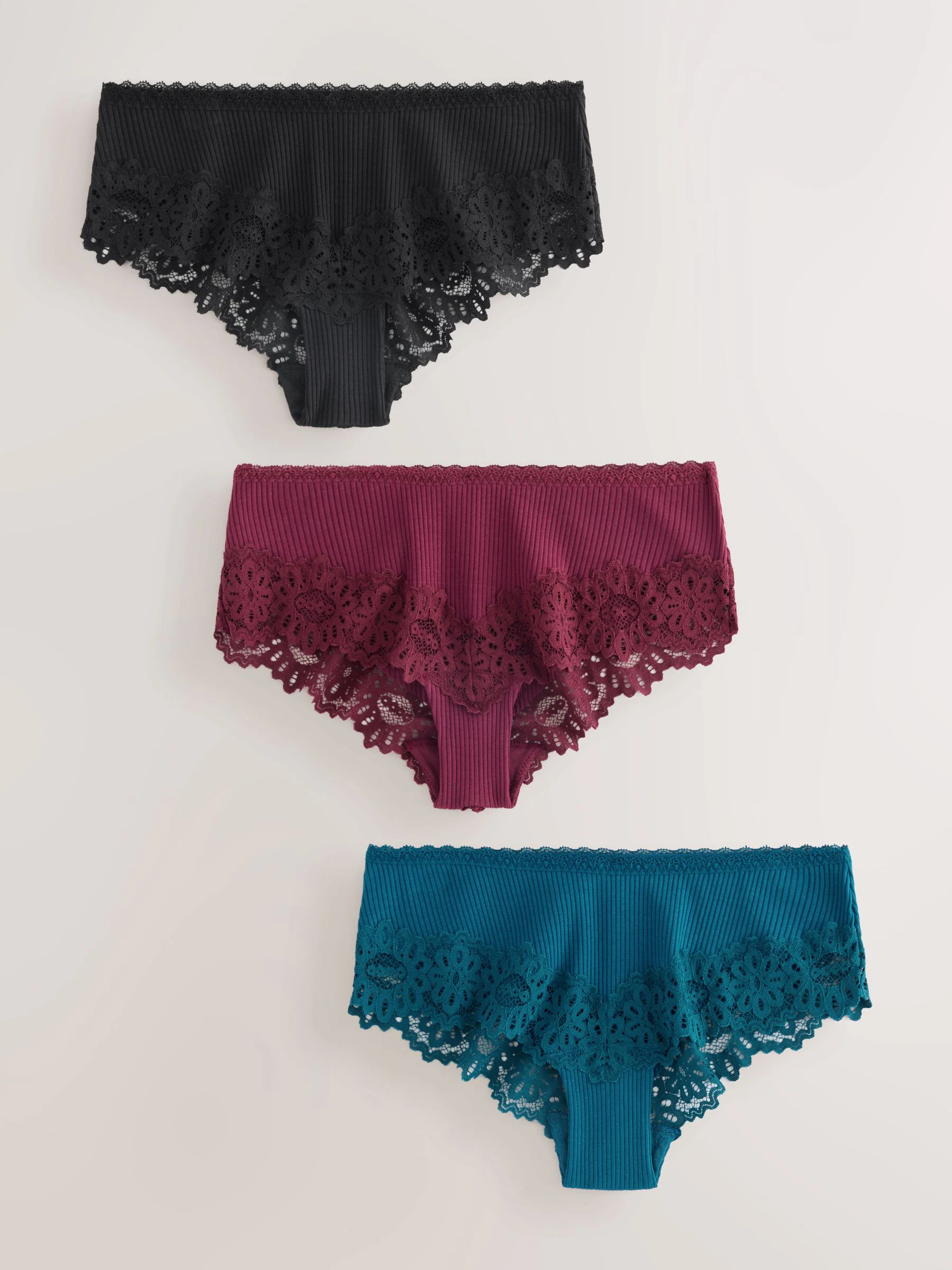 Black/Teal/Berry - Set van 3 geribbelde slips met kanten bovenkant