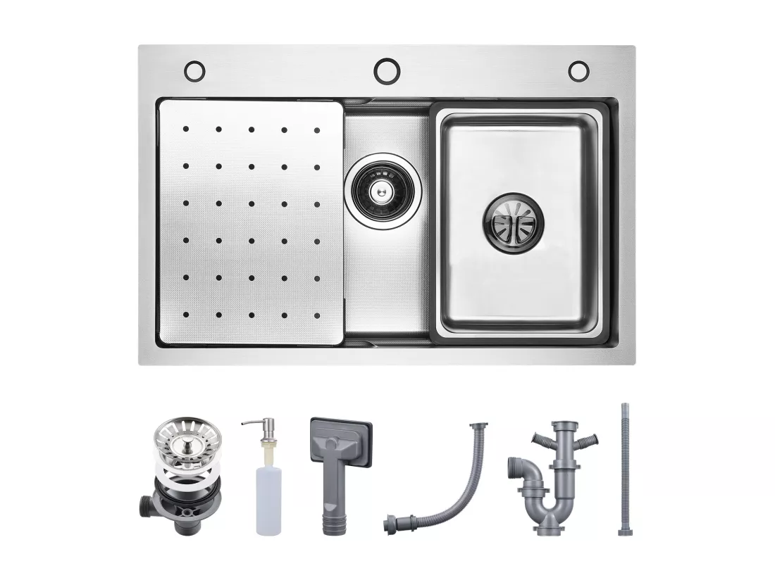 Cecipa max Évier 1 Bac 70×45CM Évier Inox Argent avec Egouttoir + Vasque + Distributeur de Savon (Montage sur le Dessus/Montage à Plat),EU Modèle