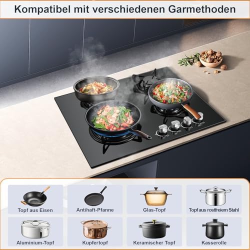 TopStrong Plaque de Cuisson Gaz 4 Feux, 60cm Plaque Gaz 4 Feux avec Sécurité Thermocouple, Cuisinière Encastrable, Naturel/Propane, 8060W, 220 240 V, Verre Noir : Gros électroménager
