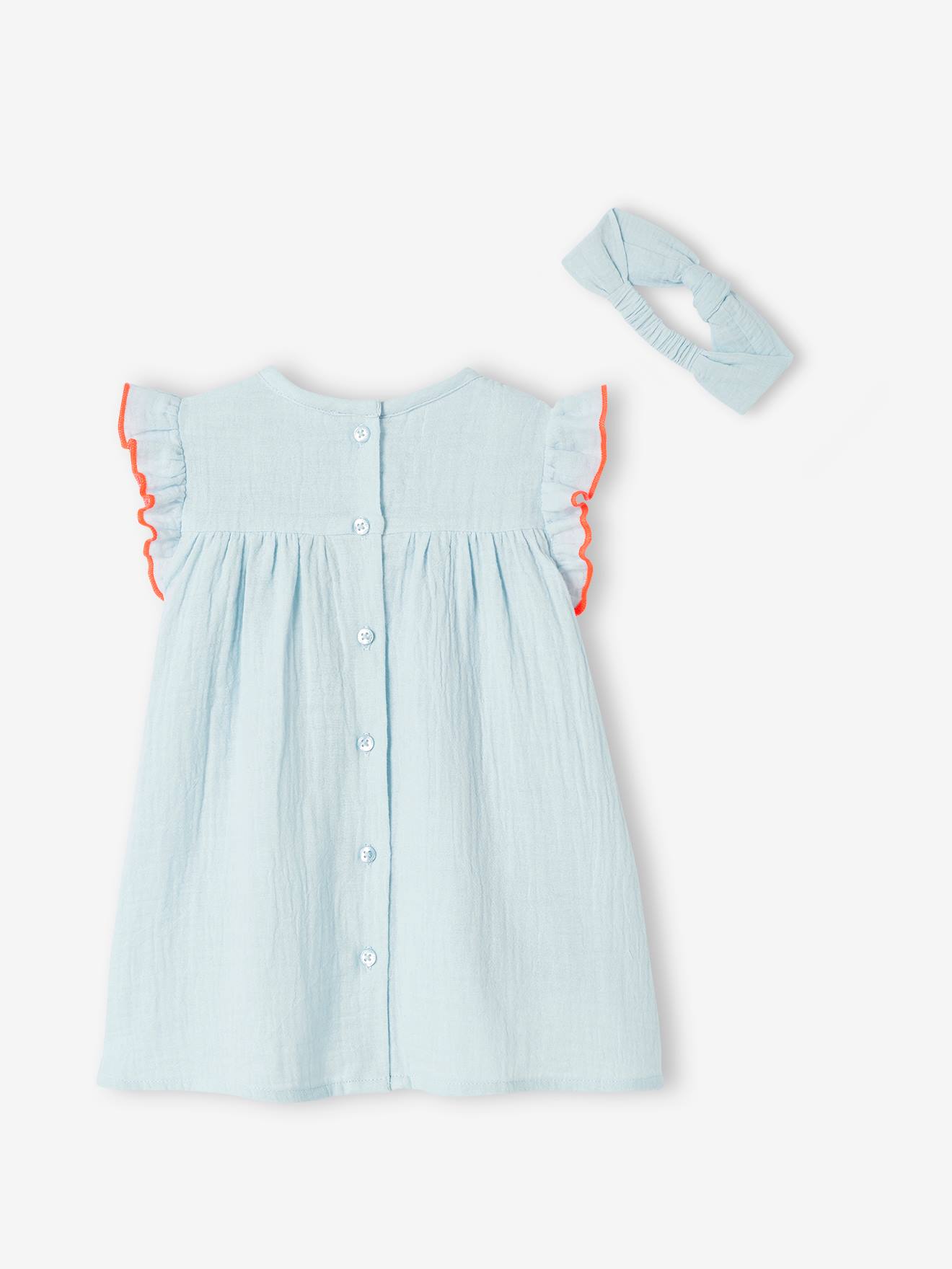 Vestido de bebê com faixa de cabelo em formato de laço azul claro