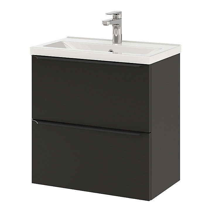 Ensemble salle de bains l.60 cm meuble à suspendre faible profondeur Imandra noir mat + plan vasque céramique blanc