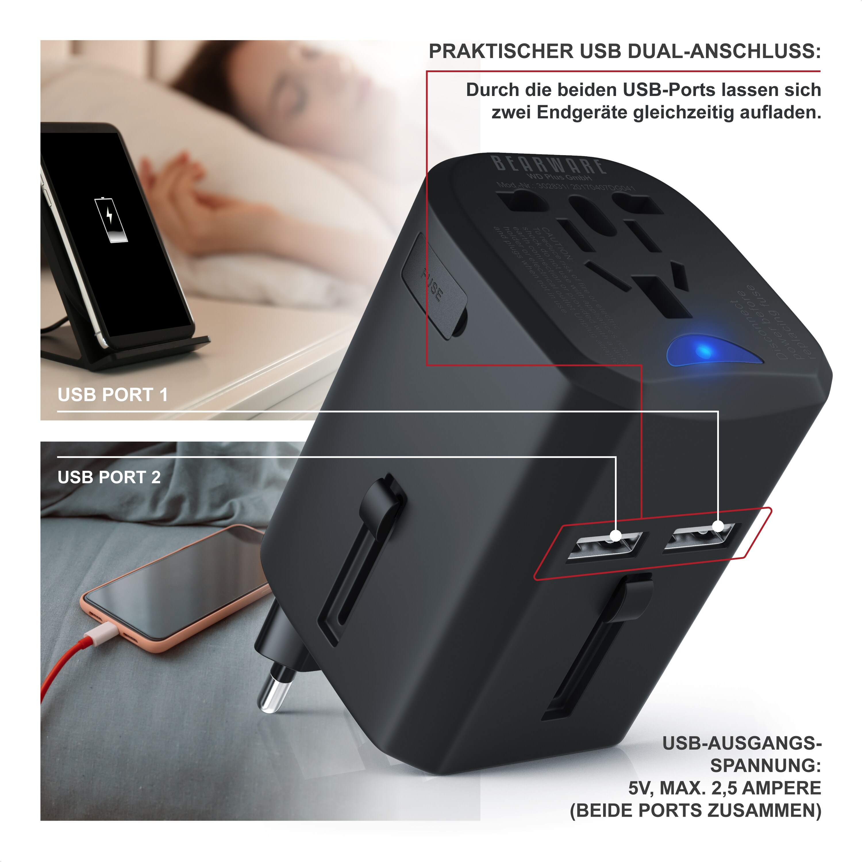BEARWARE Universal Reiseadapter mit USB Ladestation für über 140 Länder/Regionen /2x USB Buchse
