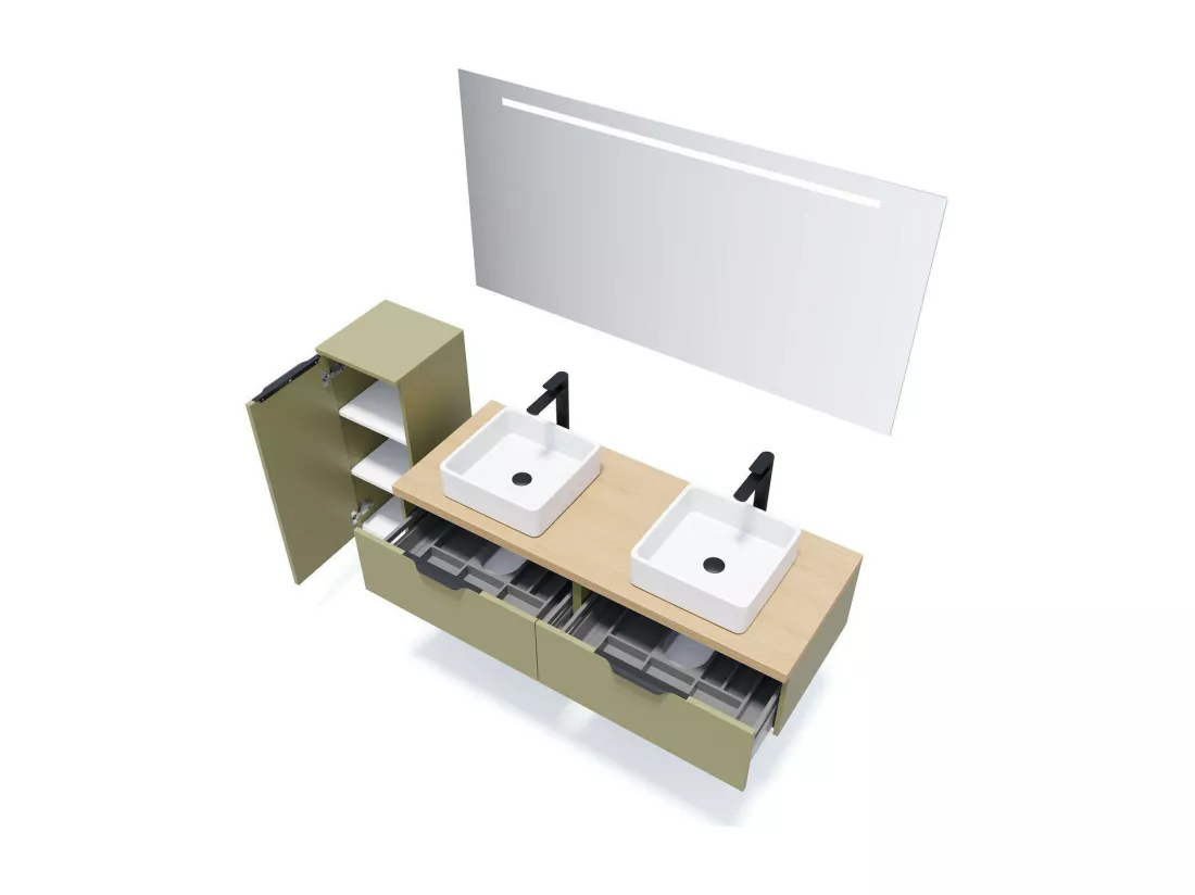 Meuble de salle de bain suspendu 2 vasques à poser 140cm 2 tiroirs Vert olive - Soho