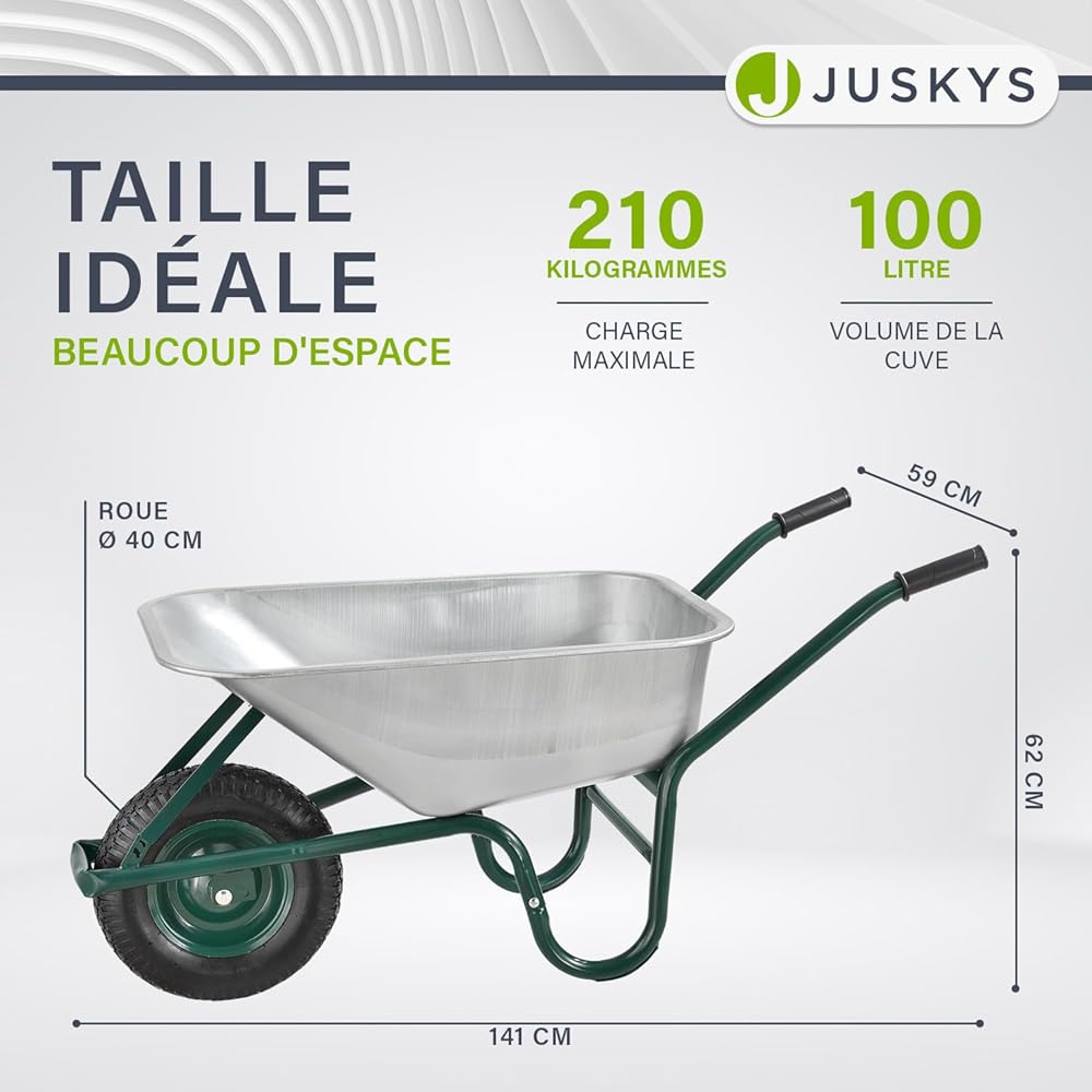 Brouette Juskys Garden | Volume de 100 litres| 210 kg | Pneus à air avec Jante en métal | Cuve galvanisée | Jardin brouette à Pousser brouette de Transport : Commerce, Industrie et Science