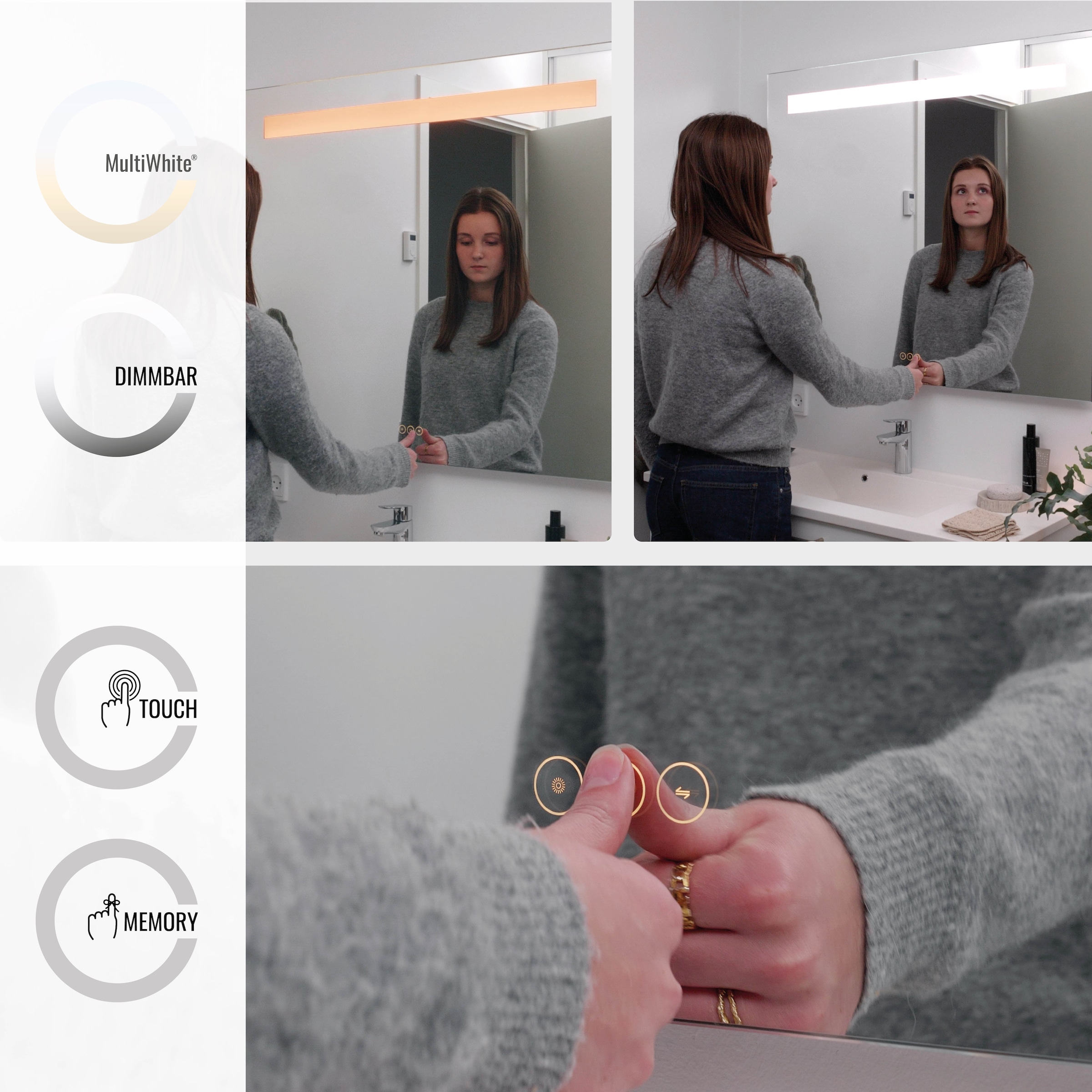 Loevschall Badspiegel »Lökken Quadratisch, Badzimmerspiegel mit LED Beleuchtung, Lichtspiegel« Touchpanel für Lichtsteuerung, Verstellbarer Spiegel, Dänisches Design