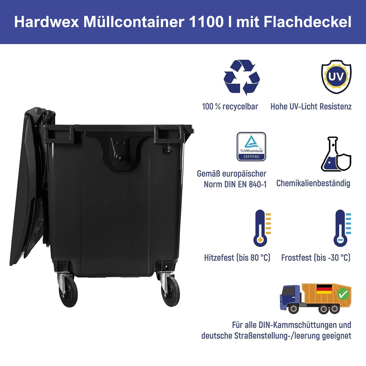 Hardwex Müllcontainer mit 4 Rädern mit Flachdeckel, Deckel im Deckel, Müllgroßbehälter, Abfalltonne, Mülltonne, Volumen: 1 100 Liter, Grau/Gelb, Größe: 1 344 x 1 370 x 1 070 mm
