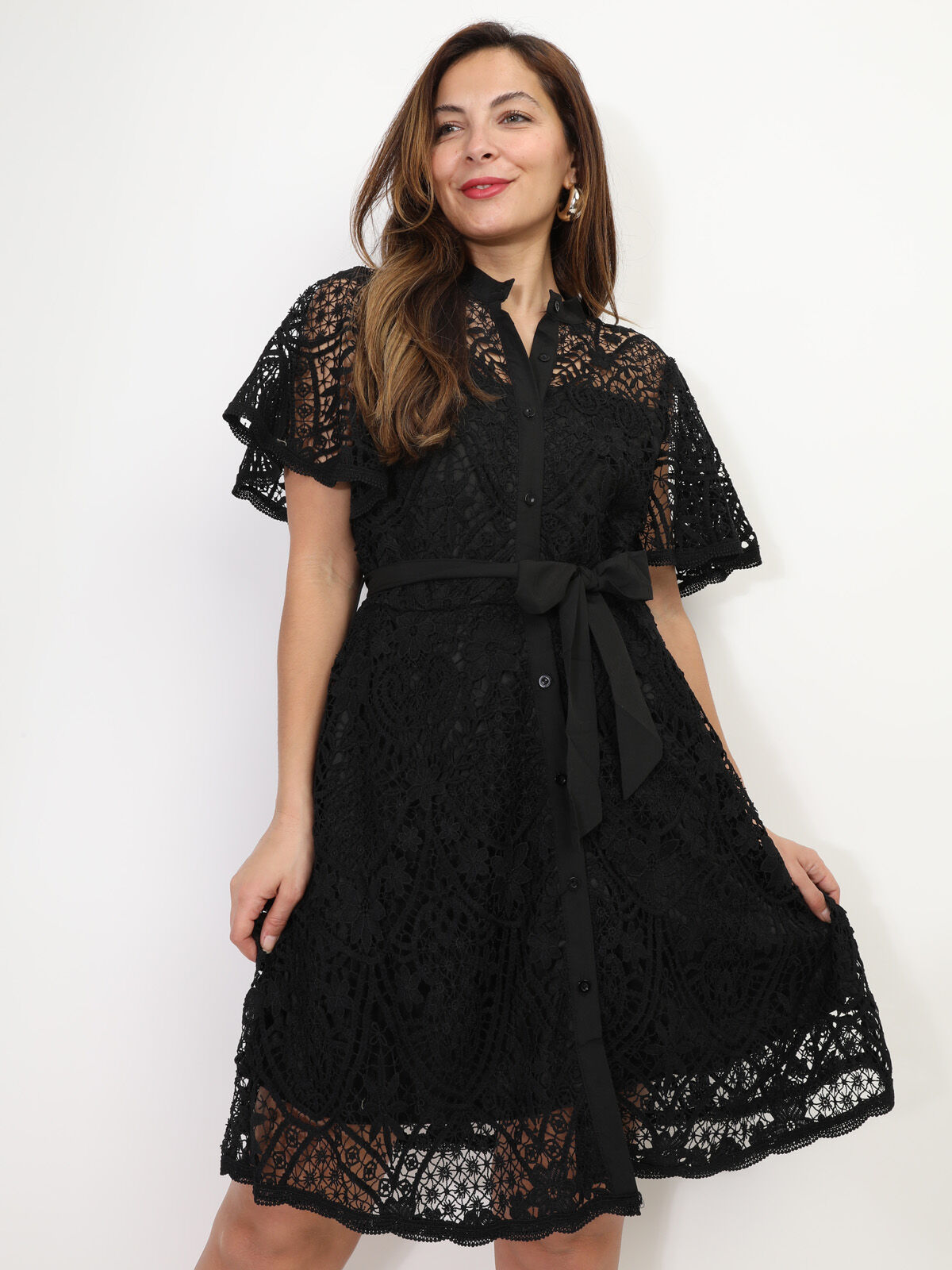 Robe chemisier en crochet- Noir