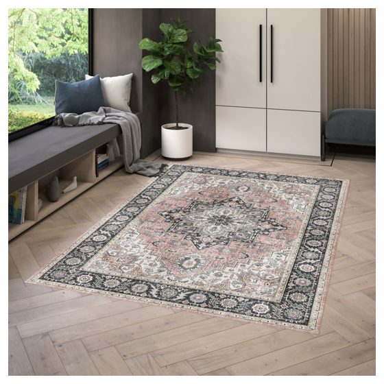 Tapis doux à motif oriental - yasmine - bleu nuit et rose - 120 x 160 cm