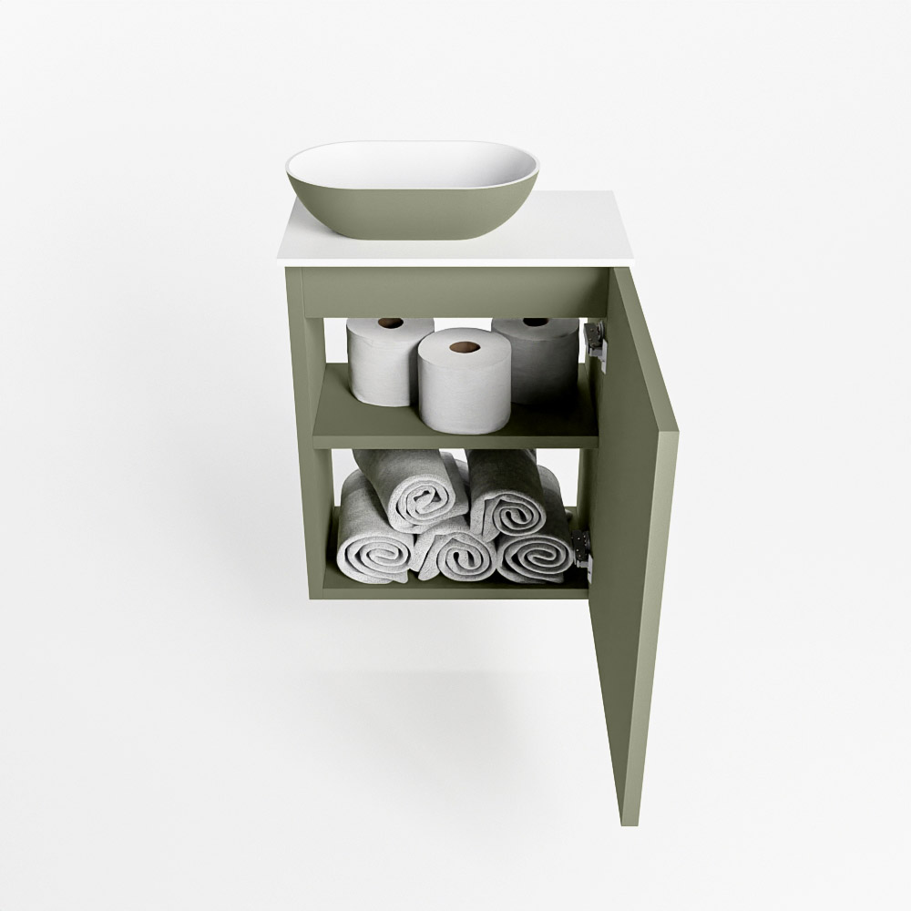 Mondiaz Fowy toiletmeubel 40cm army met legergroene waskom links en kraangat