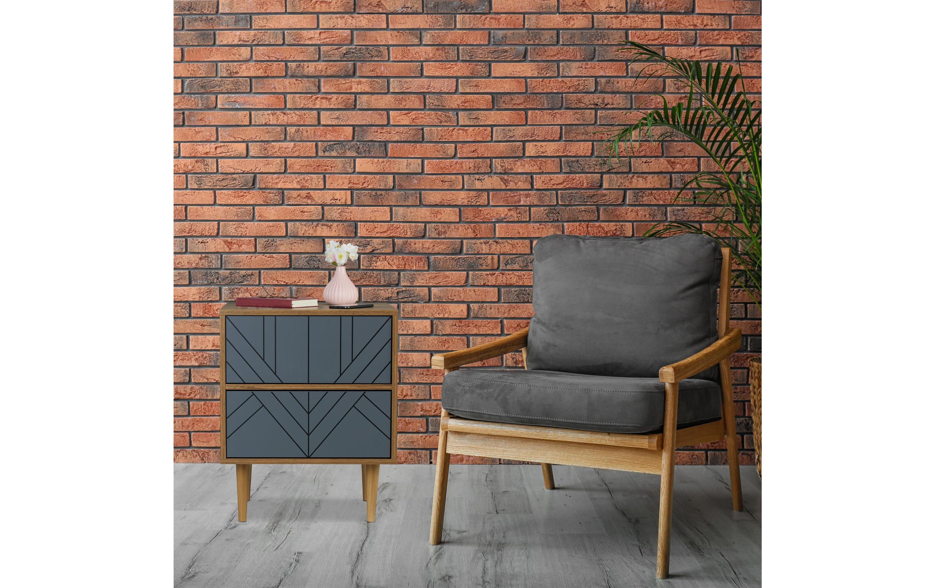 Nachttisch mit 2 Schubladen 60 x 48 cm, Grau/NatureNachtschrank