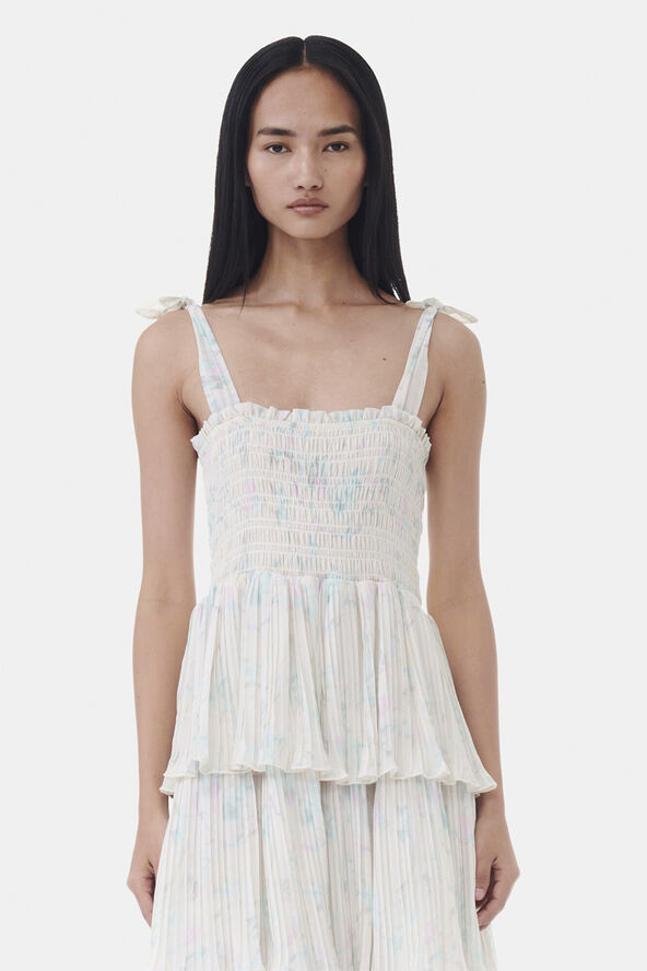 Ganni Pleated Georgette Strap Smock Midi Tofu