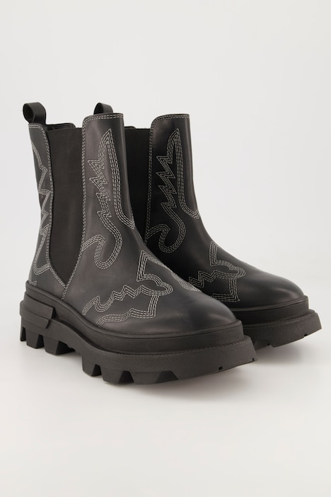 Leder-Chelseaboots, Echtleder, Stickerei, Plateausohle