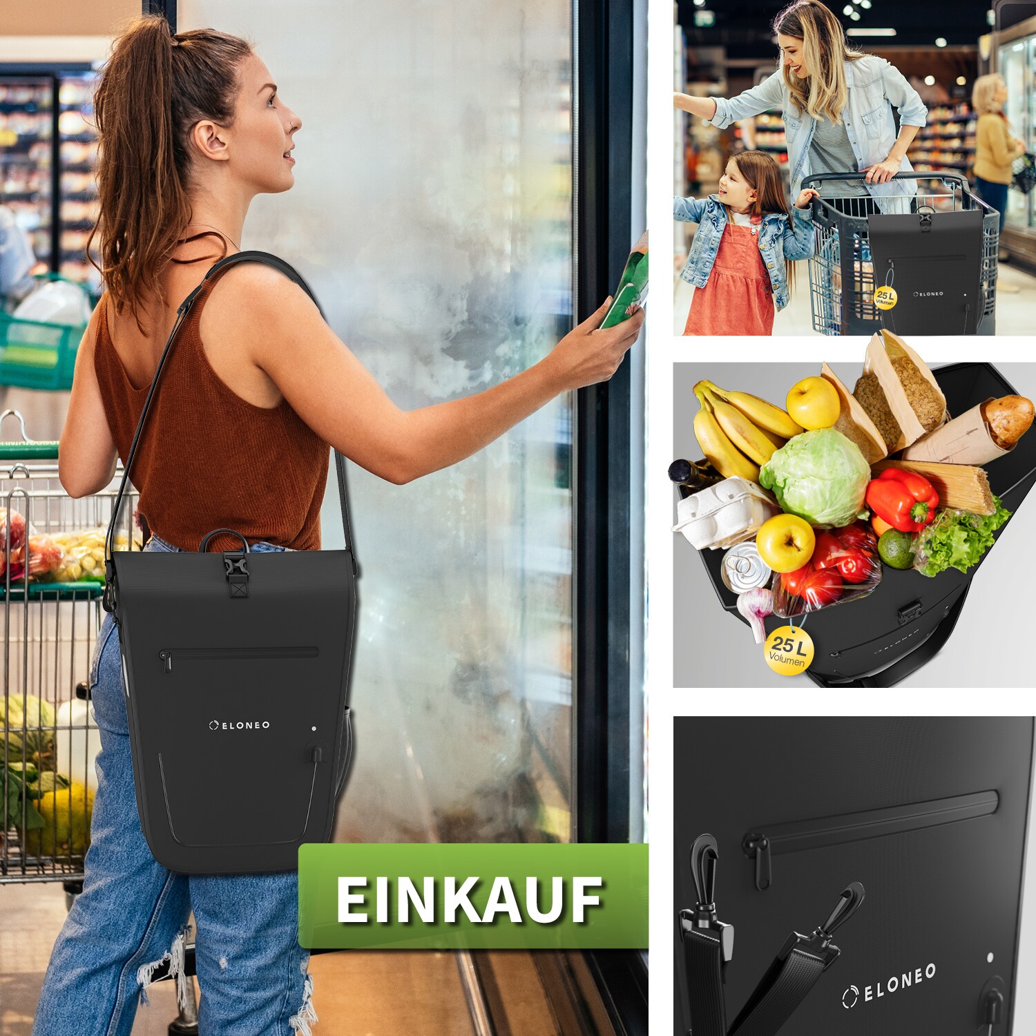 eloneo Fahrradtasche für Laptop wasserdicht mit LED, 25L