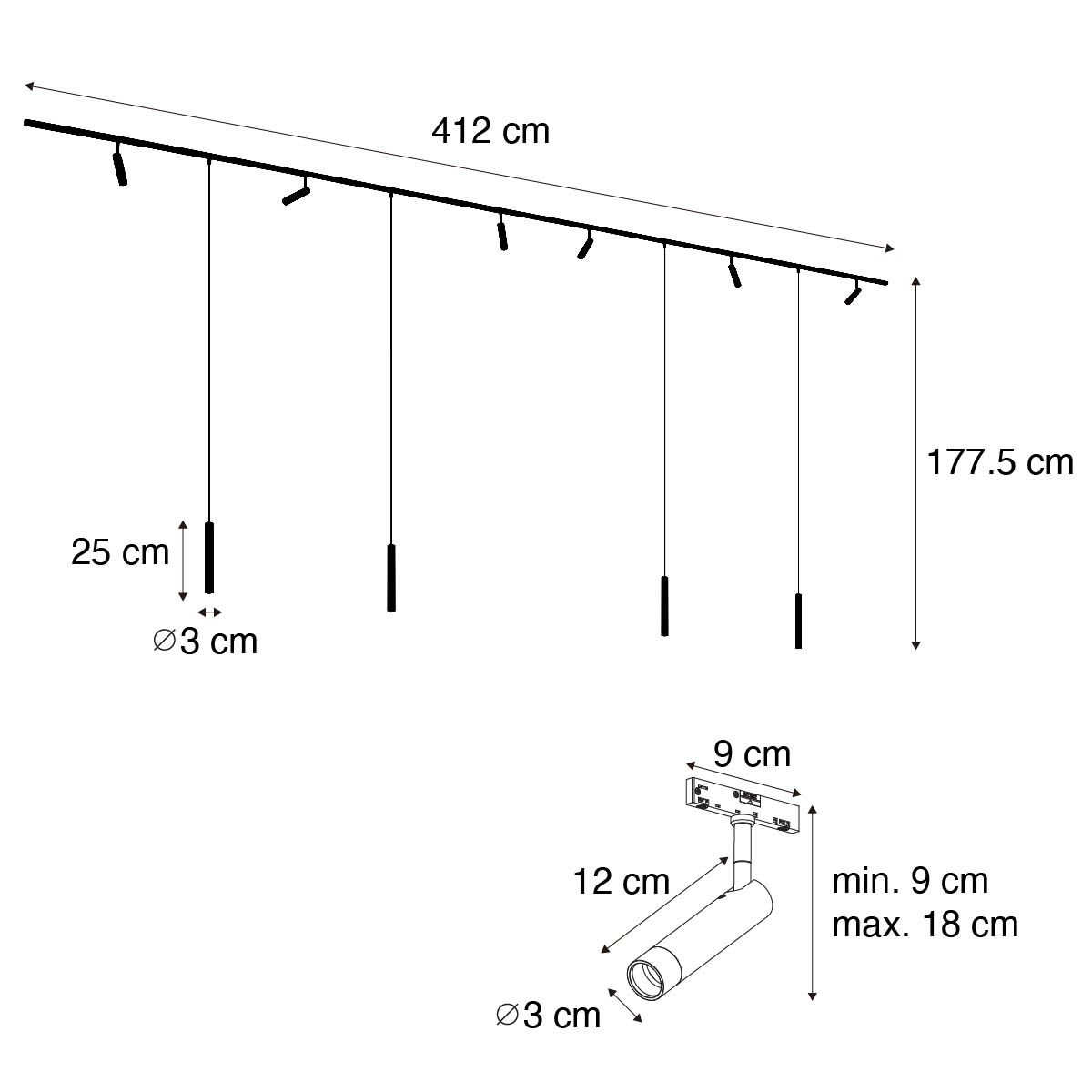 Modern railsysteem met 6 spots en 4 hanglampen zwart 1-fase - Slimline Uzzy Keno