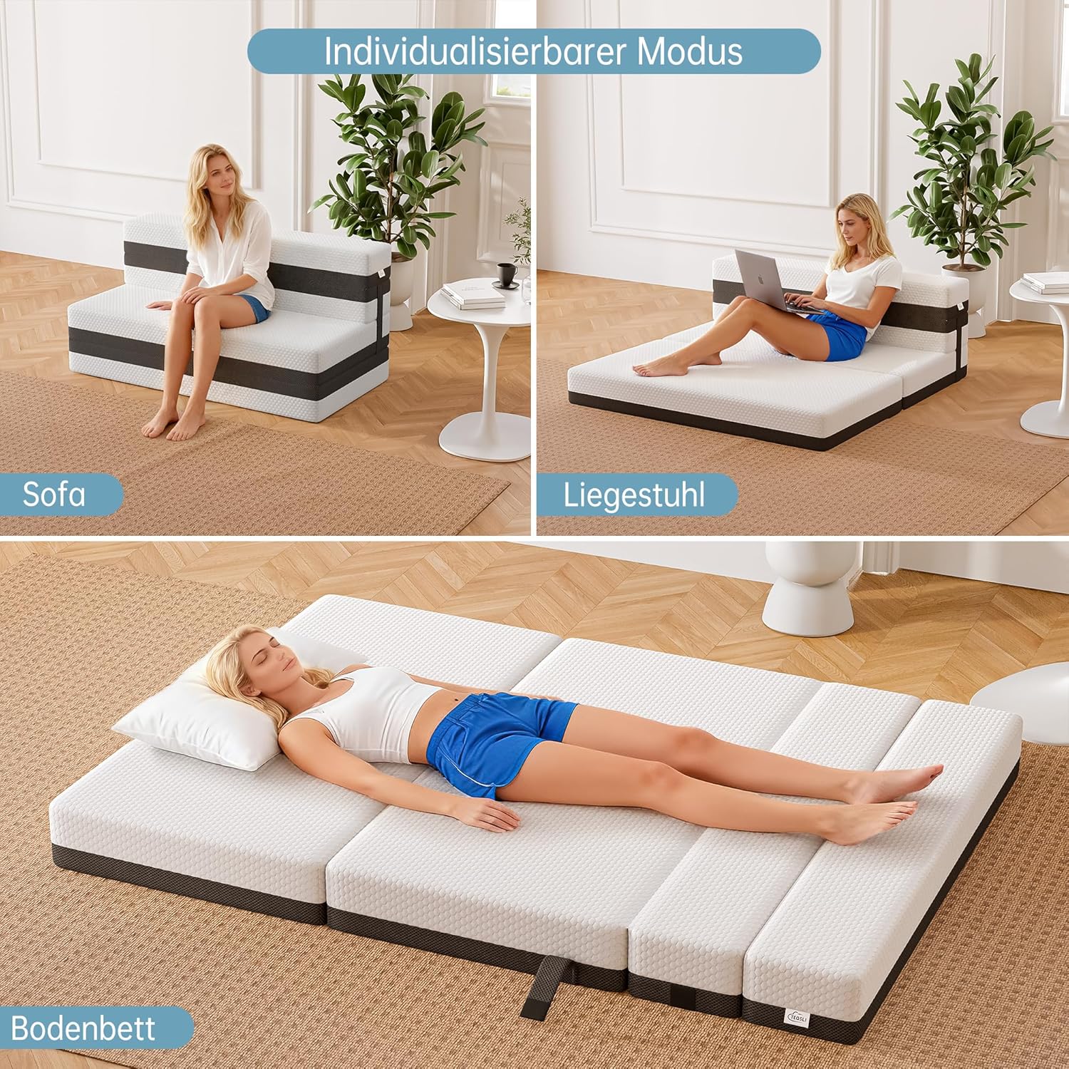 TeQsli Gel Klappmatratze 15 cm Höhe, Gästematratze, 4-teilige Faltmatratze & 3-in-1 Schlafsofa mit waschbarem und abnehmbarem Bezug, Öko-Tex & CertiPUR Zertifiziert (90x200x15cm)