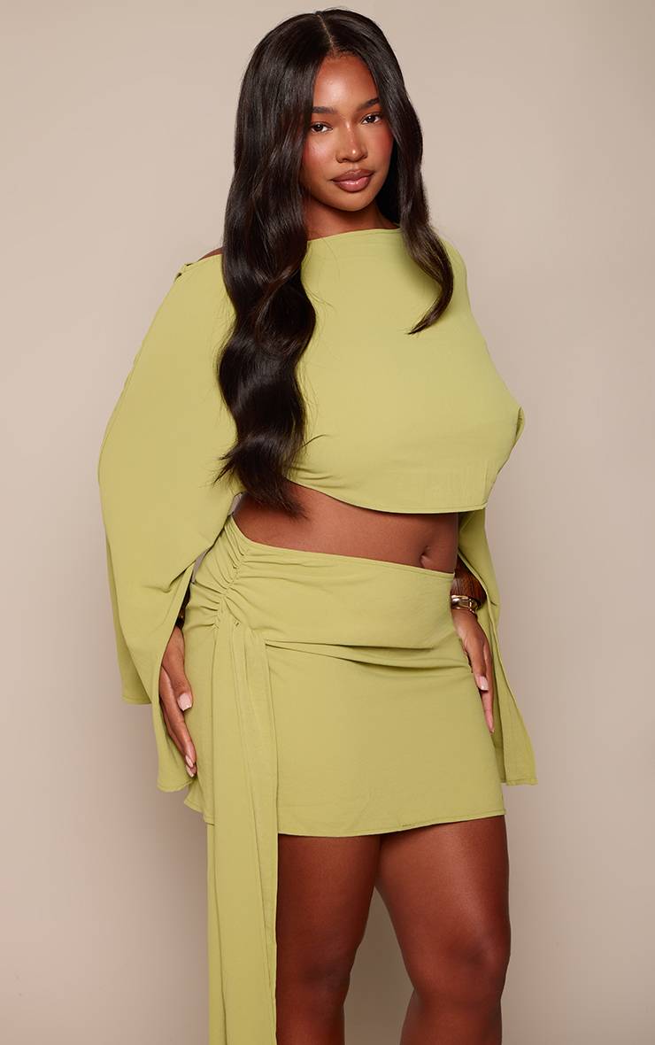 Vert Olive Mini Jupe Co-ord Tissée Fluide Avec Nœud Sur Le Côté Plus