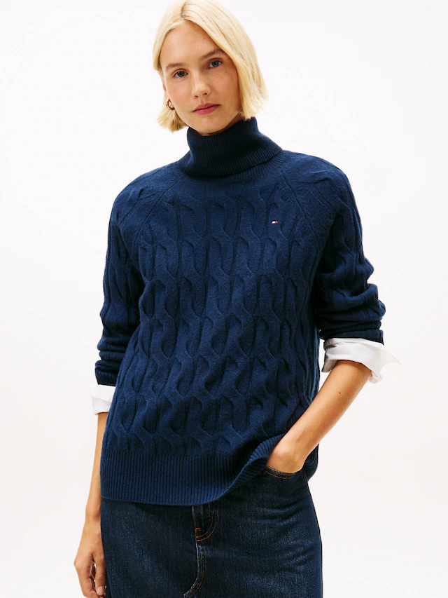 Tommy Hilfiger Rollkragenpullover »SOFT WOOL CABLE ROLL-NK LS SWT«, mit Zopfmuster, aus reiner Wolle