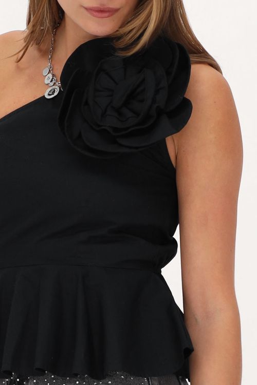 Zwarte one-shoulder top met grote bloem