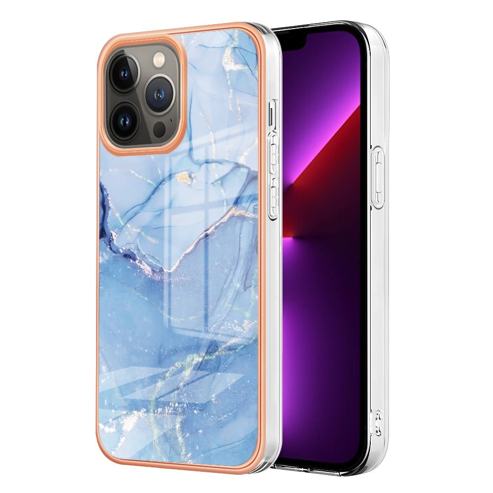 iPhone 13 Pro Gummi Case Hülle Galvanisierter Rahmen Marble Marmor Design - Hellblau / Roségold