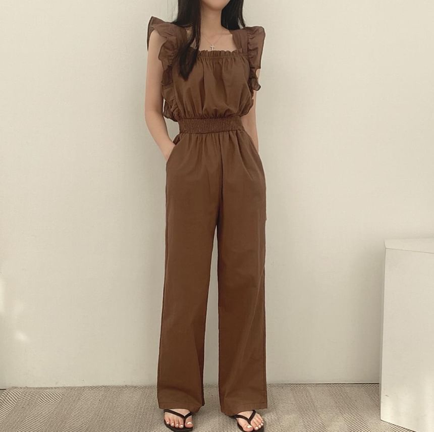 Trendjane - Jumpsuit met kapmouwen, vierkante hals, effen volant en wijde pijpen