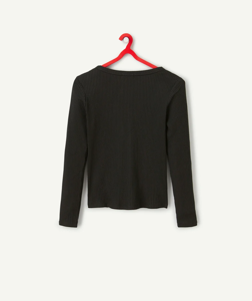 T-SHIRT MANCHES LONGUES FILLE EN FIBRES RECYCLÉES NOIR BOUTONNÉ SUR LE DEVANT