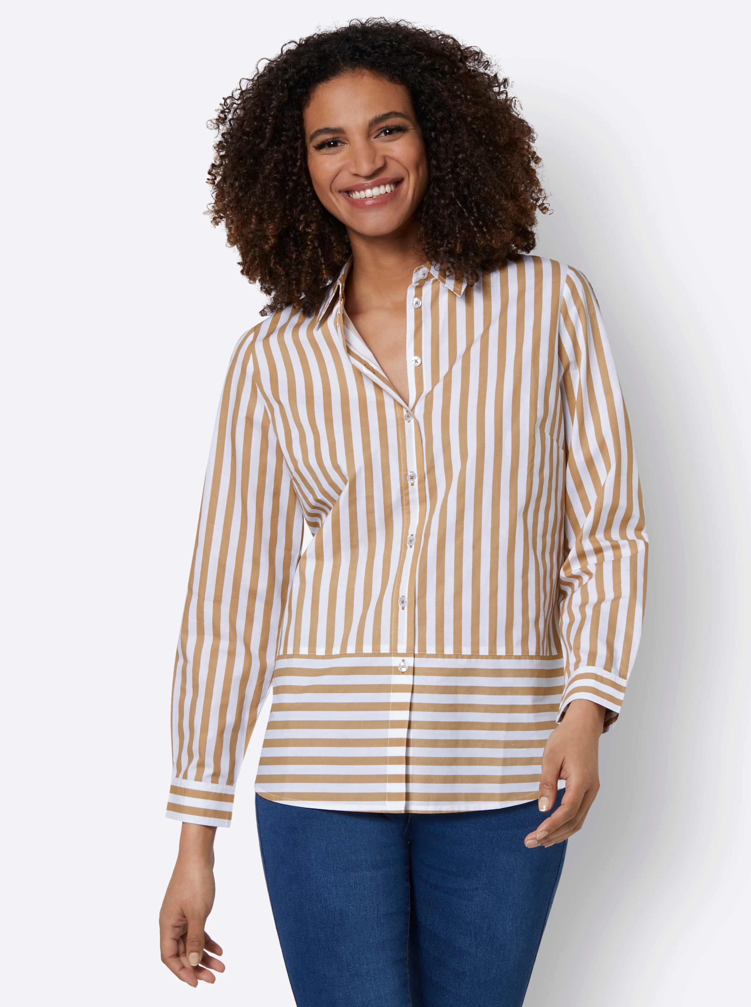 Hemdbluse in camel-weiß-gestreift