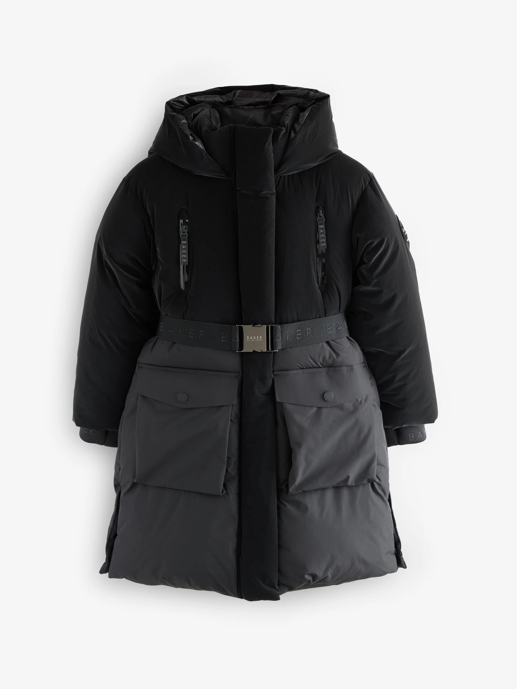 Baker by Ted Baker - Lange gewatteerde zwarte regenbestendige parka met riem
