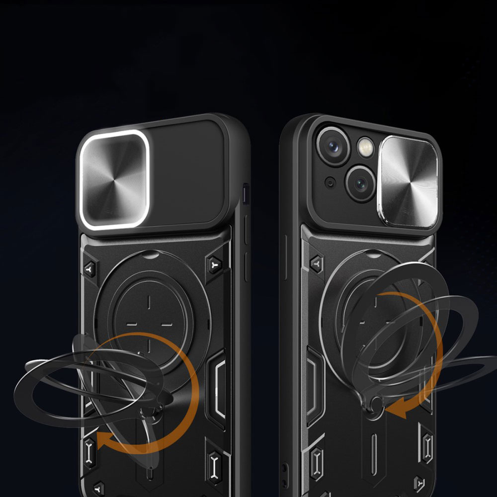 iPhone 15 Hybrid Outdoor Hardcase Hülle mit Cam-Slider   Magnetischer Kickstand - Schwarz