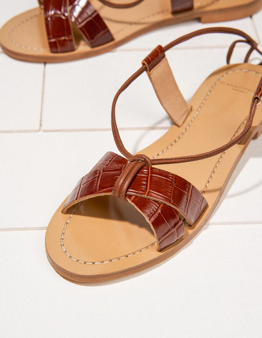 Sandales plates Zoé - Cuir croco marron