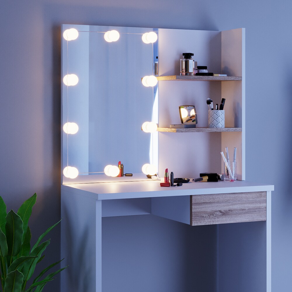 VICCO LED Schminktisch DEKOS Frisiertisch Kommode Kosmetiktisch Weiß Eiche