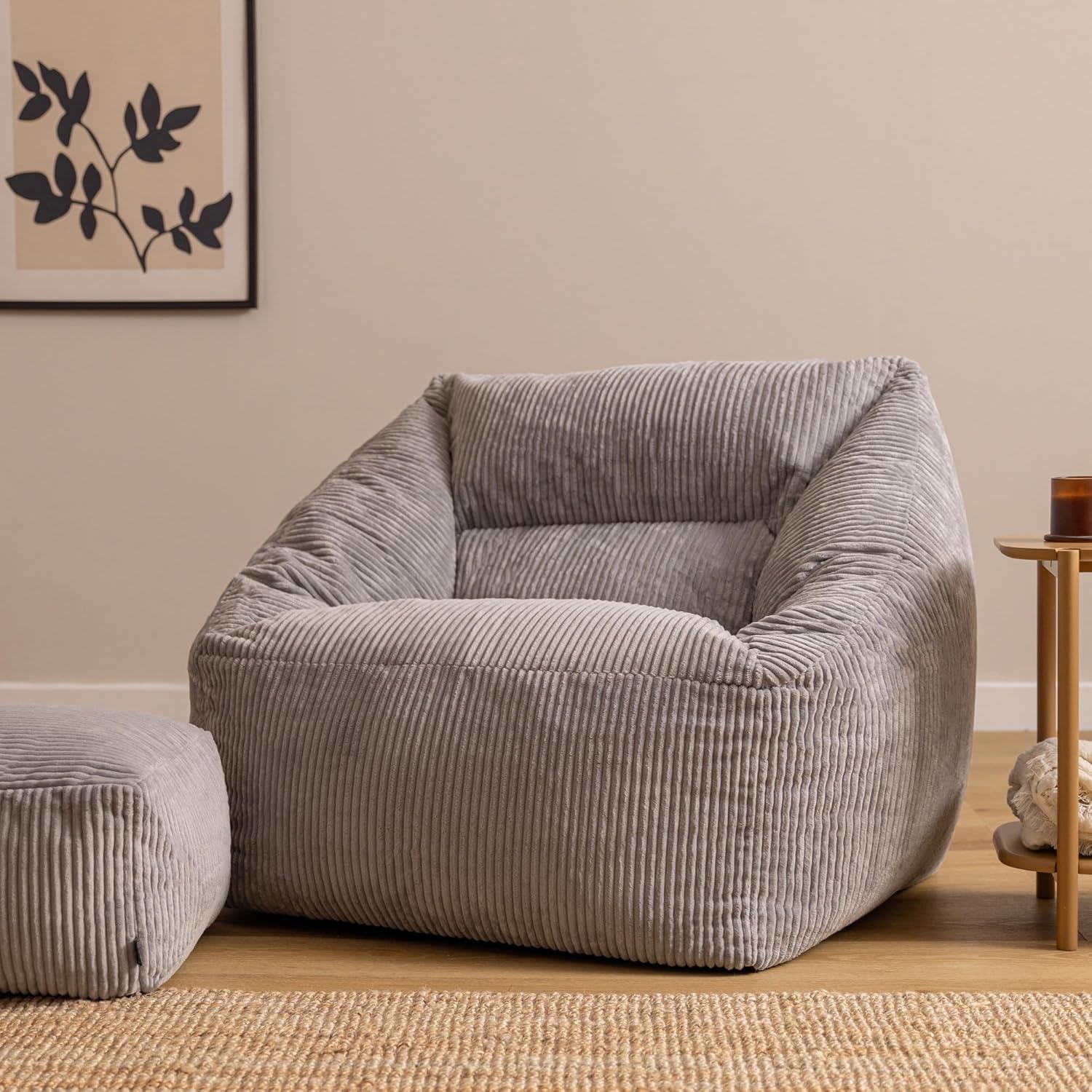 Icon Natalia Sitzsack Sessel mit Hocker für Erwachsene, Grau, Flauschiger Cord Stoff, Riesen Sitzsack Cord mit Füllung, Bean Bag Chair, Bequemer Sessel Wohnzimmer, Lounge, Schlafzimmer, Büro
