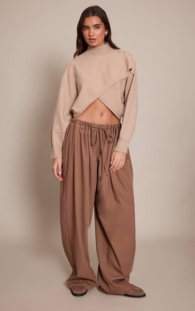 Light Brown Pantalon Large À Taille Œillets Et Plis