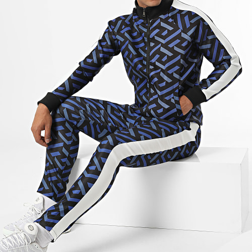 Ensemble Veste Zippée Et Pantalon Jogging A Bandes UP-ES-88 Noir Bleu Marine
