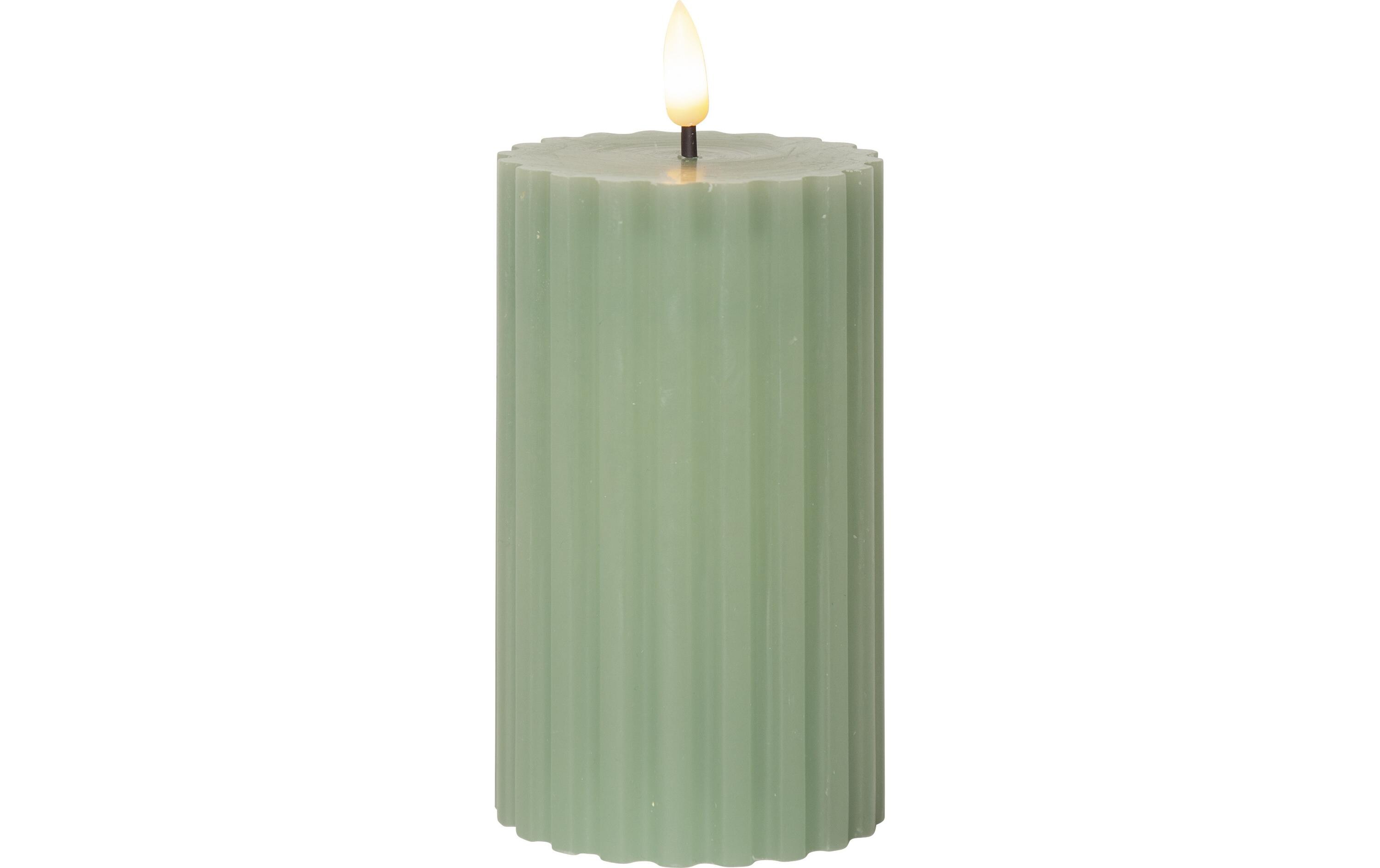 LED-Kerze Pillar Flamme Stripe, Ø 7.5 x 15 cm, GrünKerze aus Wachs mit LED Leuchte