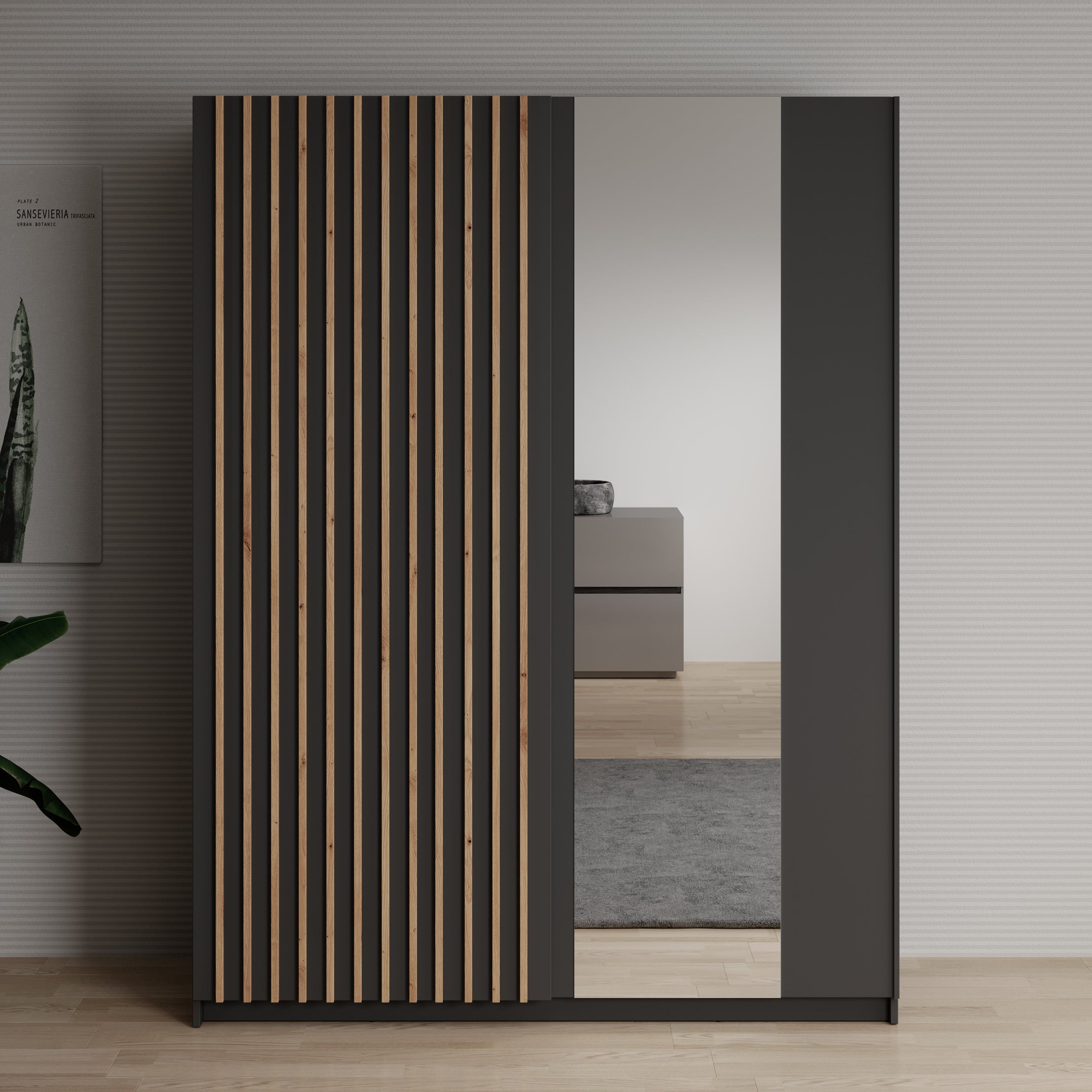 Meubella - Kledingkast Deliryon - Zwart - 150 cm - Met spiegel