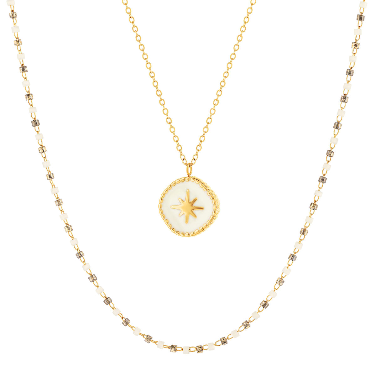 Collier acier doré 2 rangs pampille laque blanche 45 cm