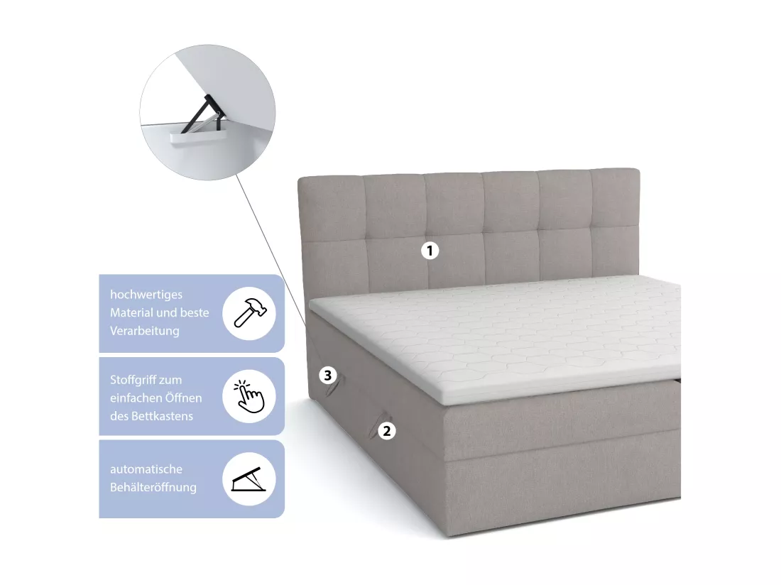 LIT BOX avec surmatelas Corino gris 200x200 cm